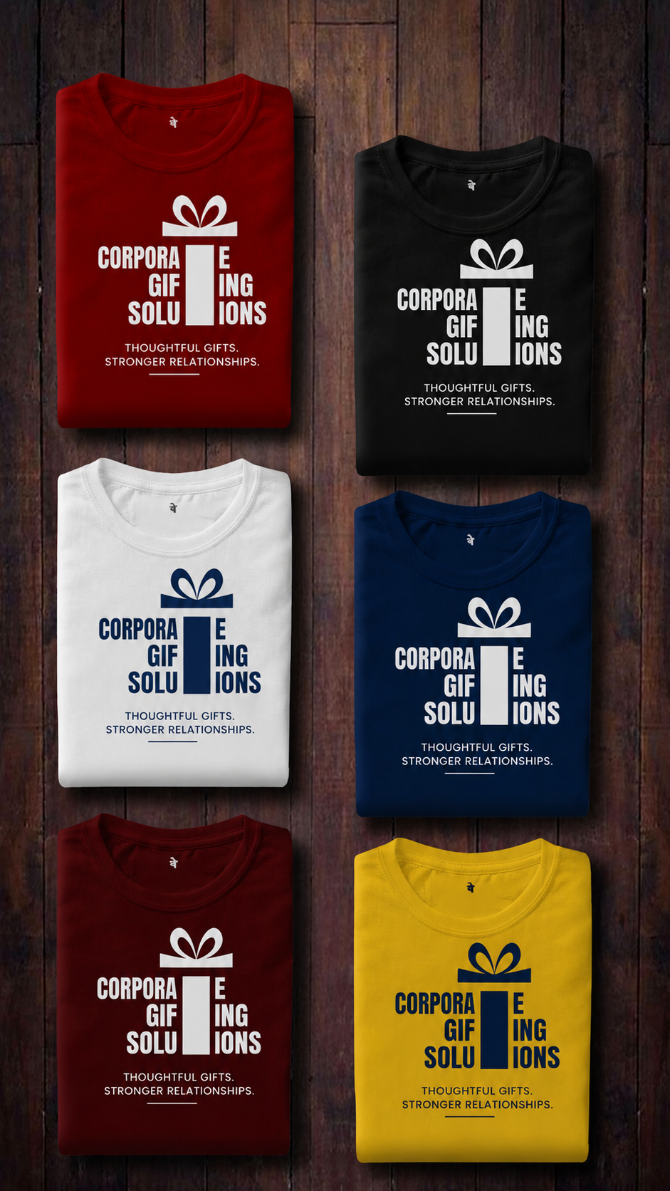 Folded branded T-shirts in multiple colours